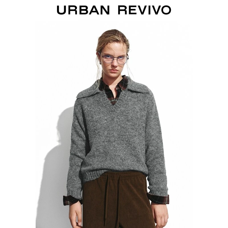 UR2026春季新款女装休闲格雷系翻领毛绒宽松针织衫UYL960023