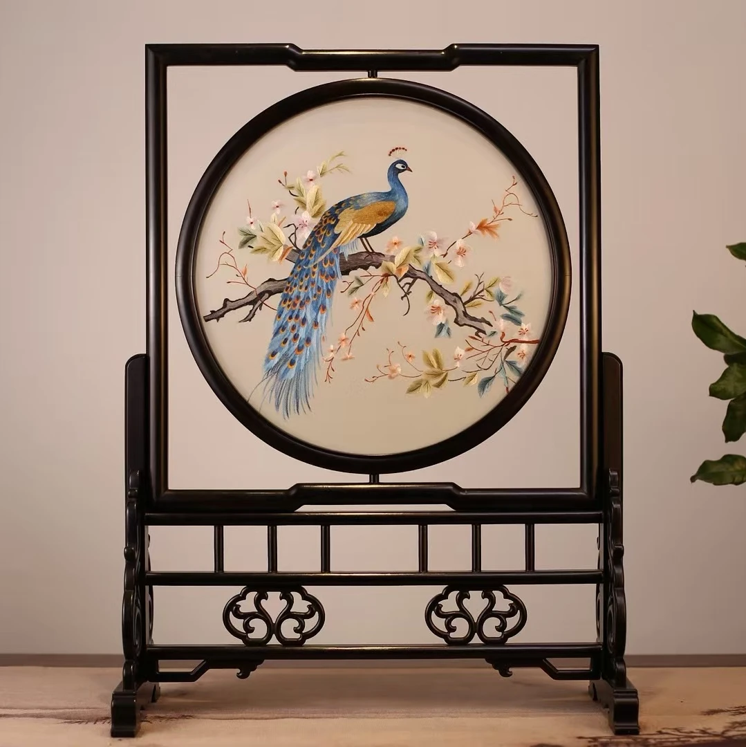 纯手工精工细作陶瓷双面绣台屏茶室客厅玄关书房工作室创意工艺品