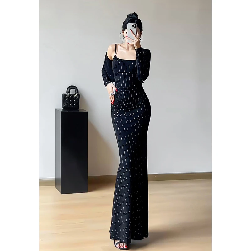 银丝烫带胸垫法式吊带连衣裙女包臀拖地鱼尾长裙搭配开衫裙子套装