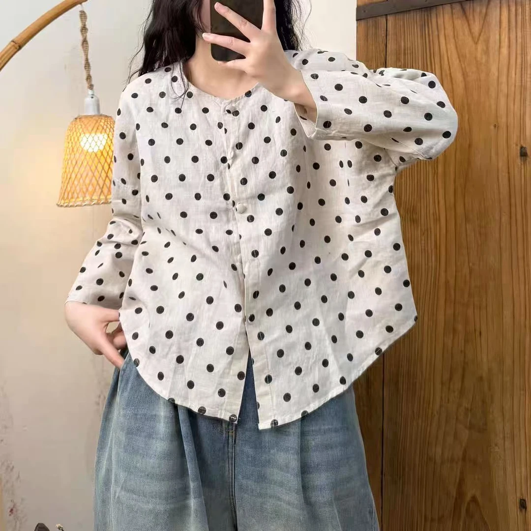 【100%汉麻】春季文艺风波点系扣圆领衬衫女
