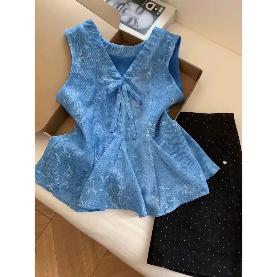 蓝色碎花吊带背心女夏季新款小众设计感甜美减龄辣妹外穿短款上衣