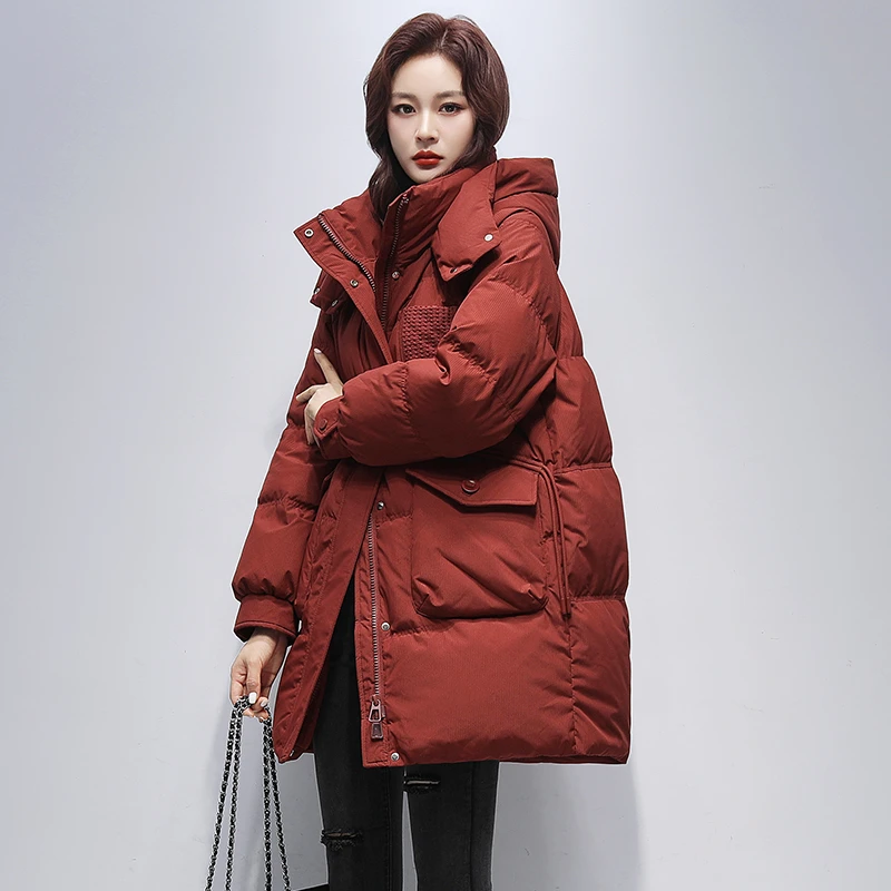 YAYA/鸭鸭时尚连帽中长款休闲女士冬季宽松小个子洋气保暖外套