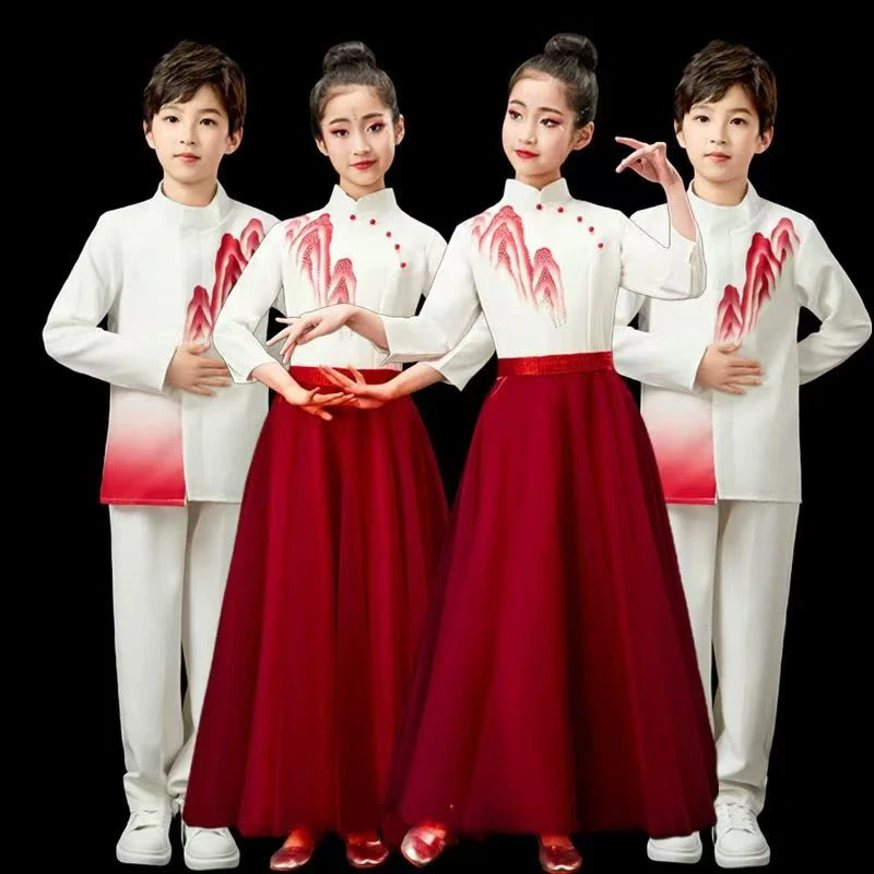 元旦儿童朗诵合唱演出服爱国主题小学生演讲女童东北大花衣服网红