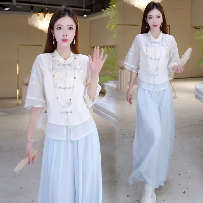 休闲文艺风套装女2025夏季新款洋气百搭显瘦盘扣上衣阔腿裤两件套