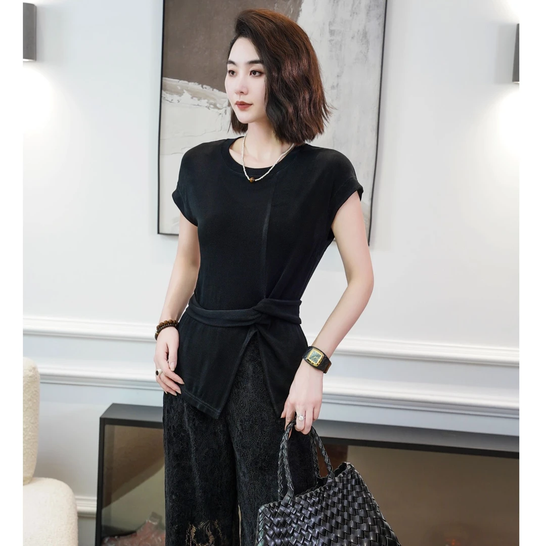 MORELAN2025时尚极简简约不规则纯色圆领短袖上衣525198