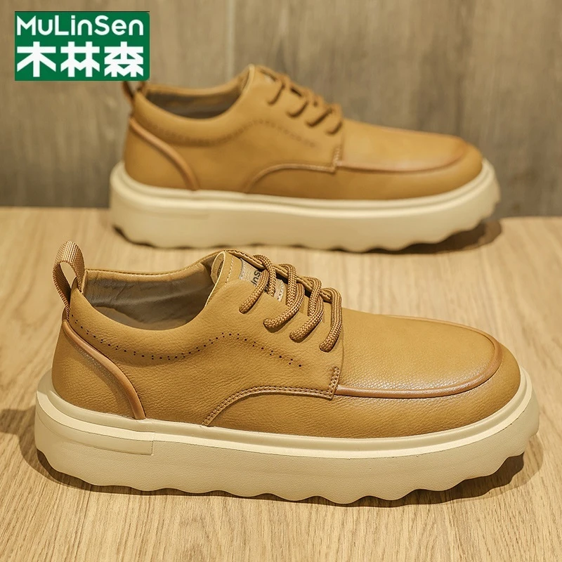 木林森皮鞋男款2025新款户外复古运动休闲板鞋低帮厚底工装鞋