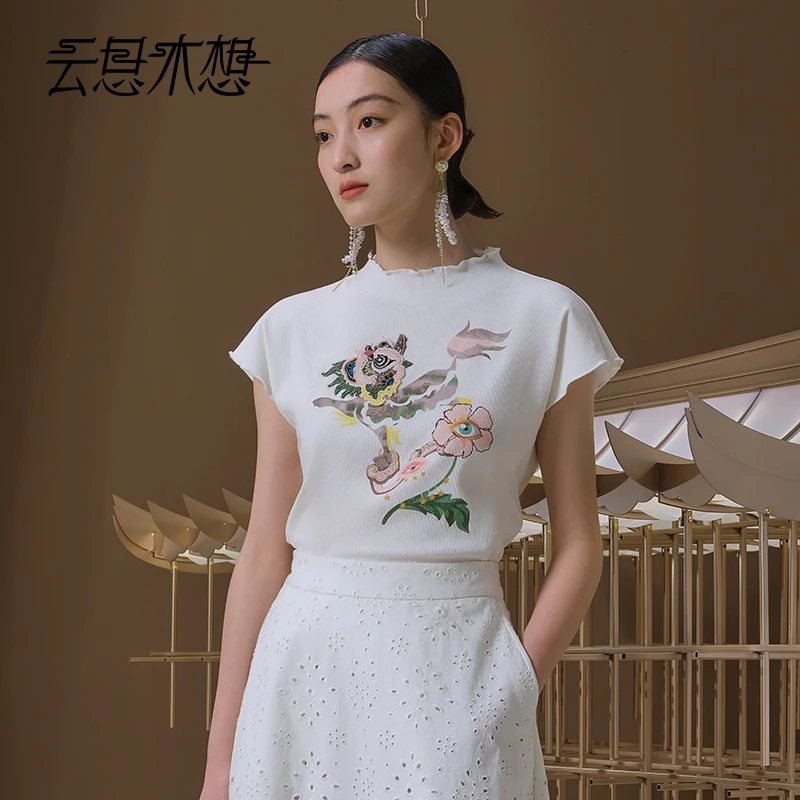 Ysimo-X云思木想 狮舞花间 水溶镂空绣印花波浪边T恤12930