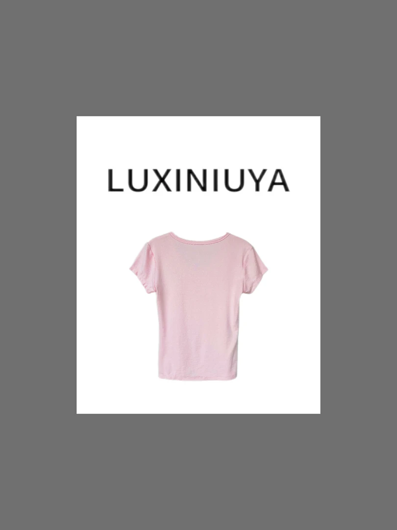 【LUXINIUYA】百搭王 夏季U领修身正肩刺绣短袖T恤上衣#CX3361