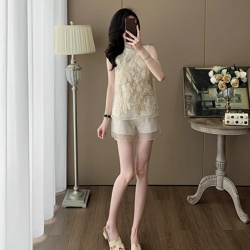 夏季时尚气质改良新中式国风套装女洋气网纱刺绣马甲短裤两件套