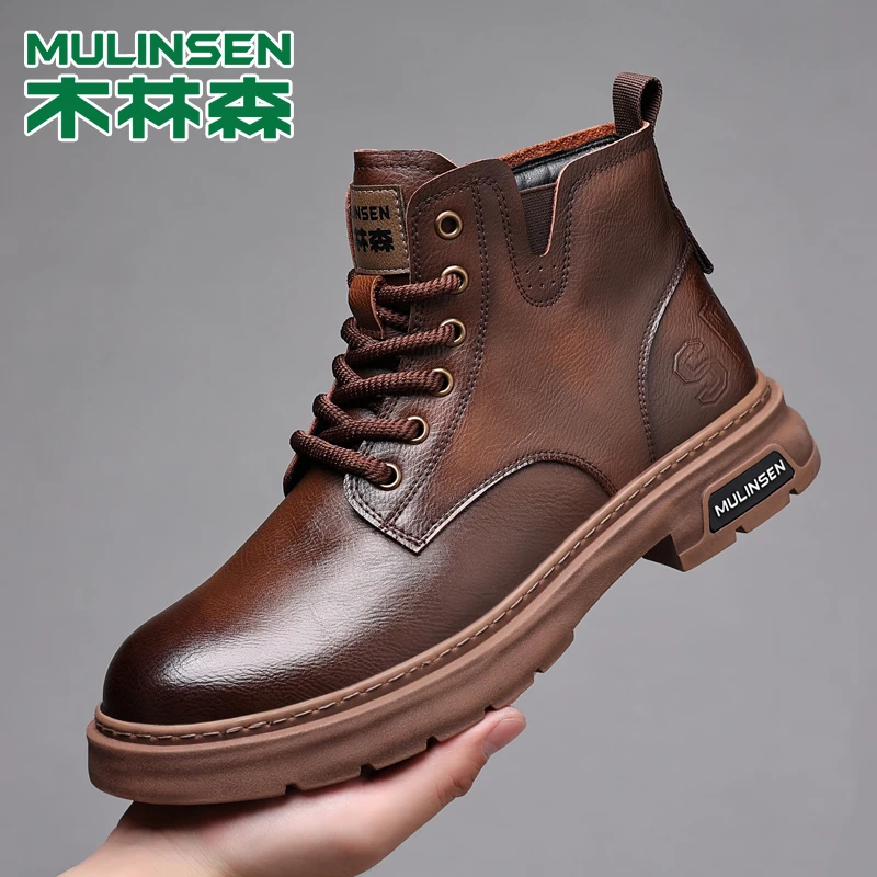 木林森马丁靴男秋冬新款牛皮加绒工装靴休闲复古英伦男士高帮皮鞋