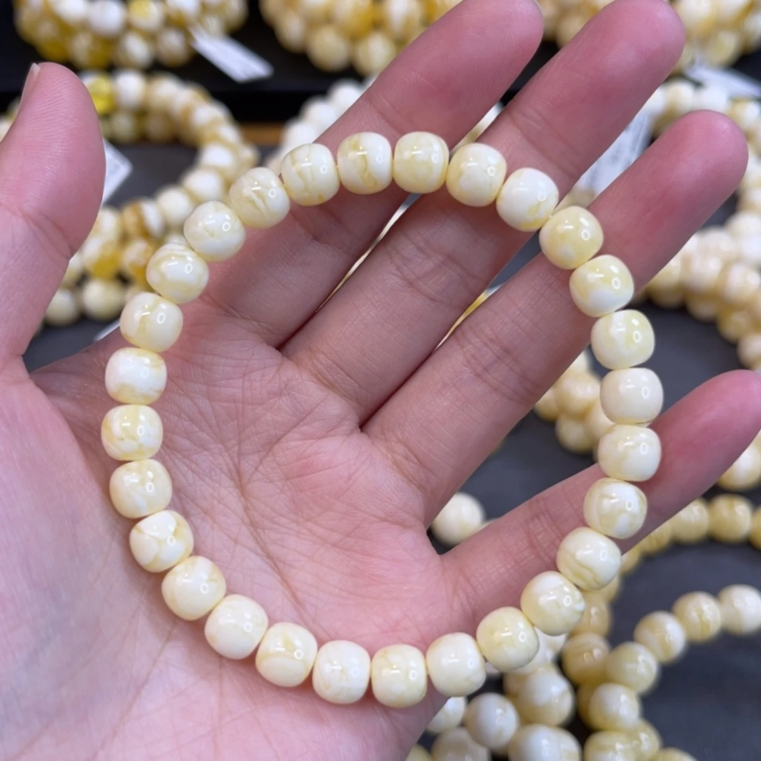 蜜蜡未镶嵌手链7.8mm瓷白虎皮妖花