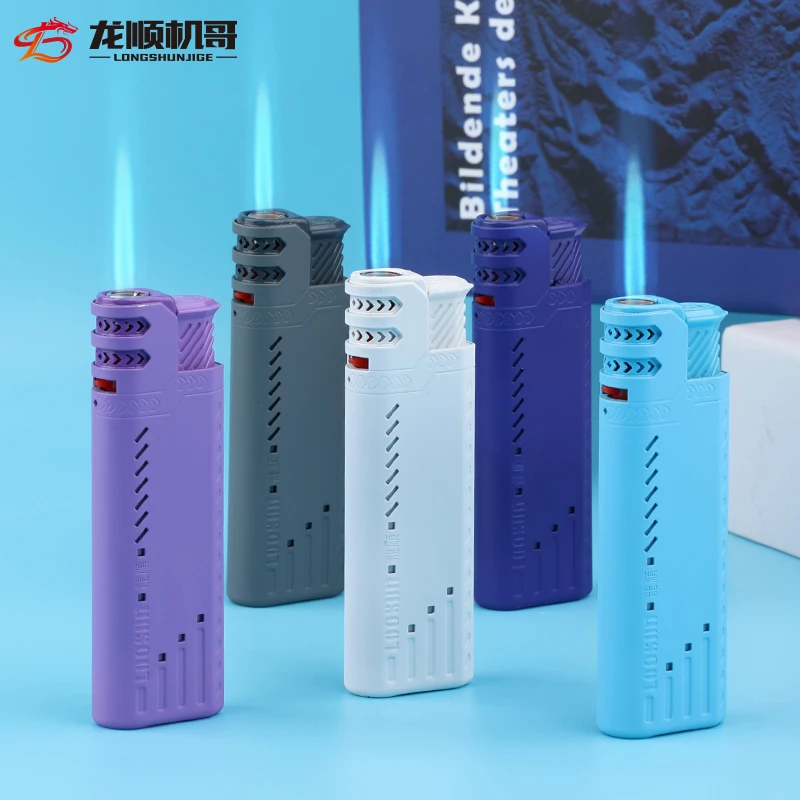 龙顺新款蓝焰直冲防风打火机个性创意家用耐用海军蓝金属套打火机