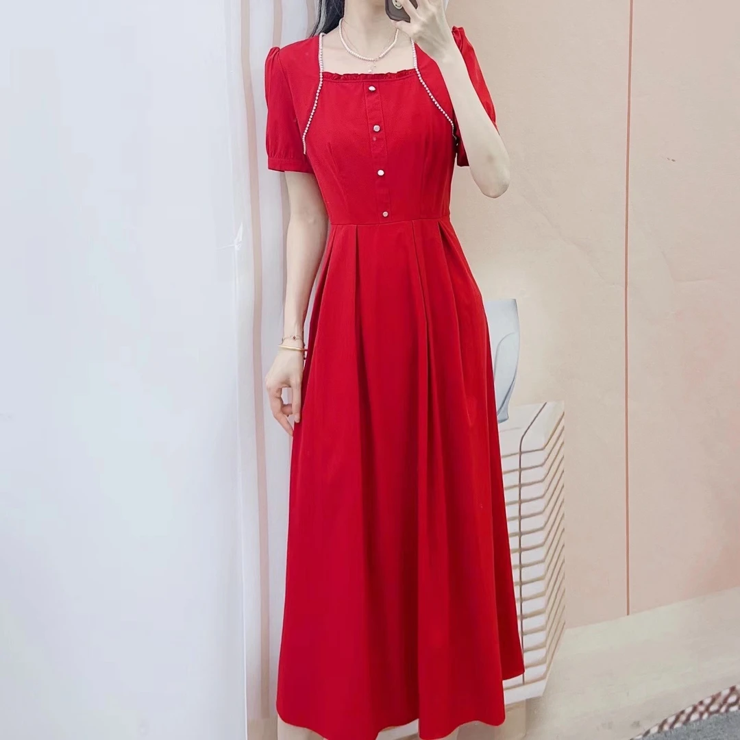 065时尚甜美珍珠法式淑女短袖连衣裙D32-3065/E3