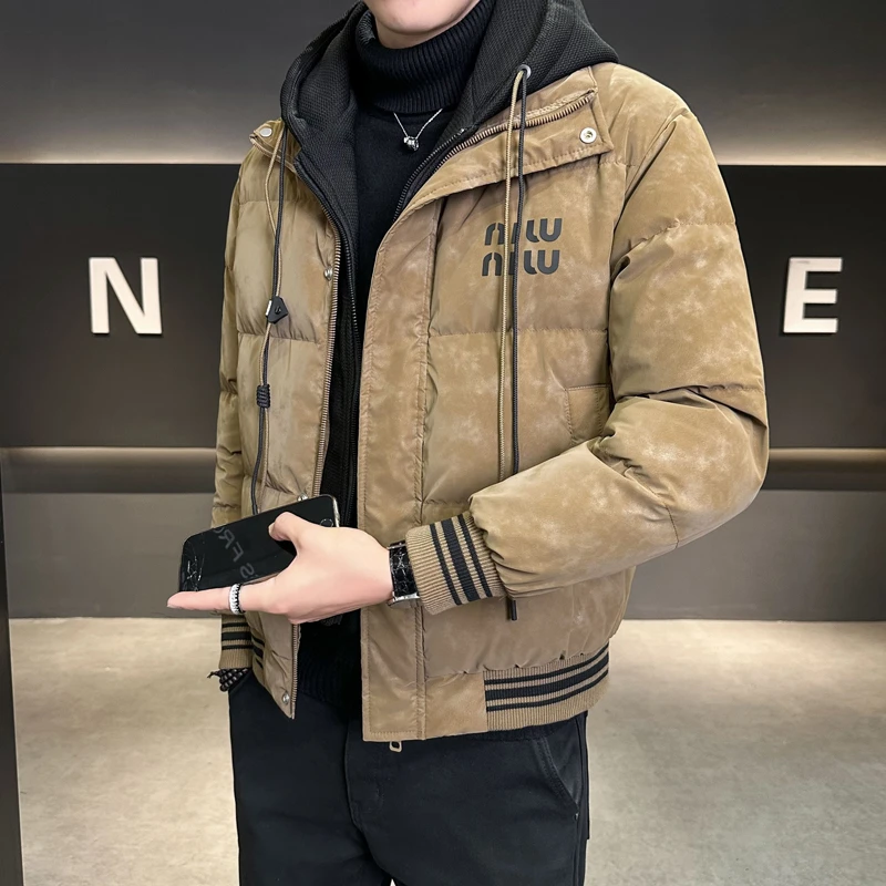 羽绒服男冬季潮牌连帽假两件修身短款印花加厚冬装外套男款羽绒衣