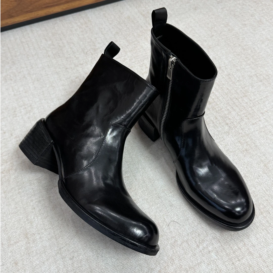 足下美学 高端手工水洗马皮尖头拉链靴切尔西短靴