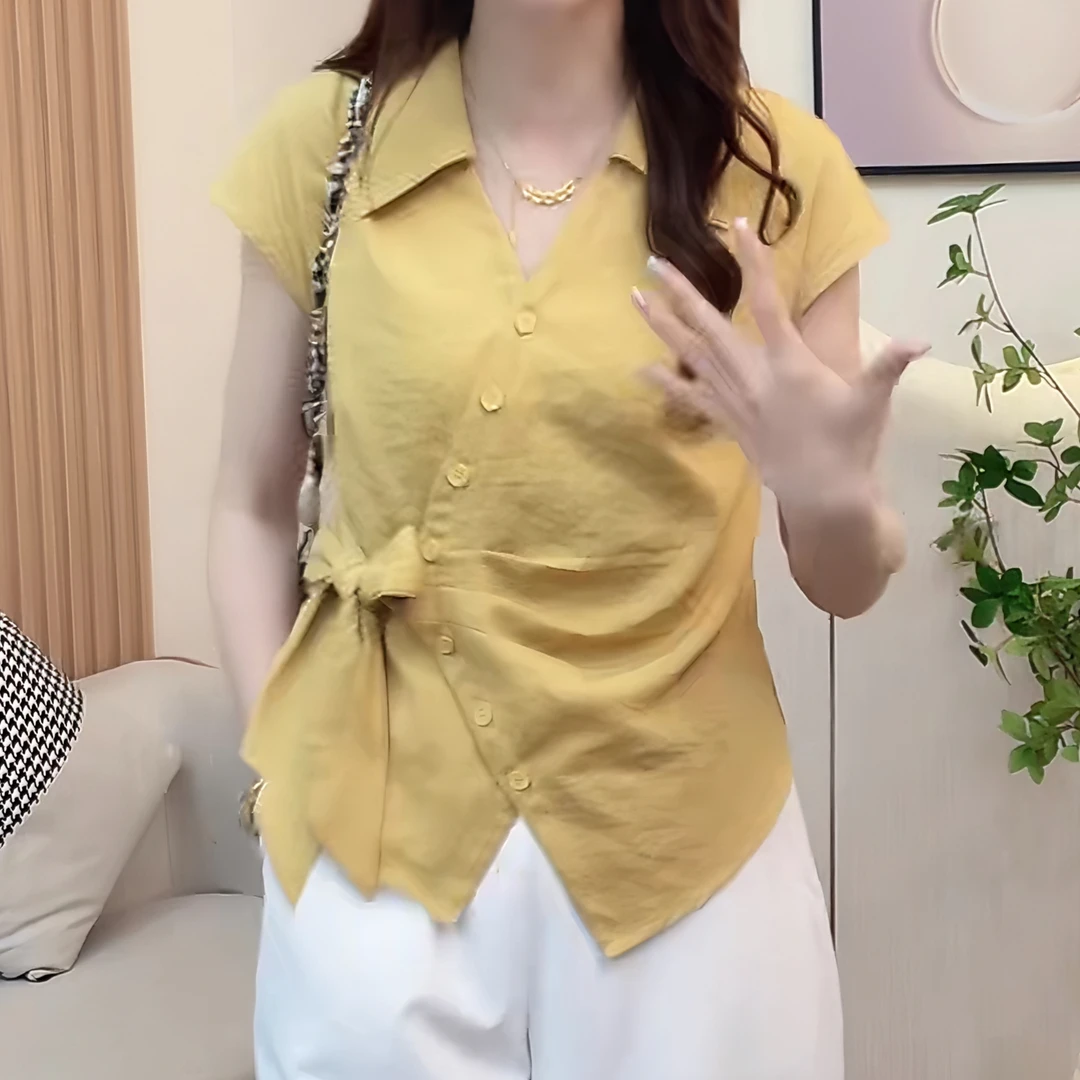 洋气绑带收腰显瘦不规则小个子上衣设计感短袖衬衫女2025夏季新款