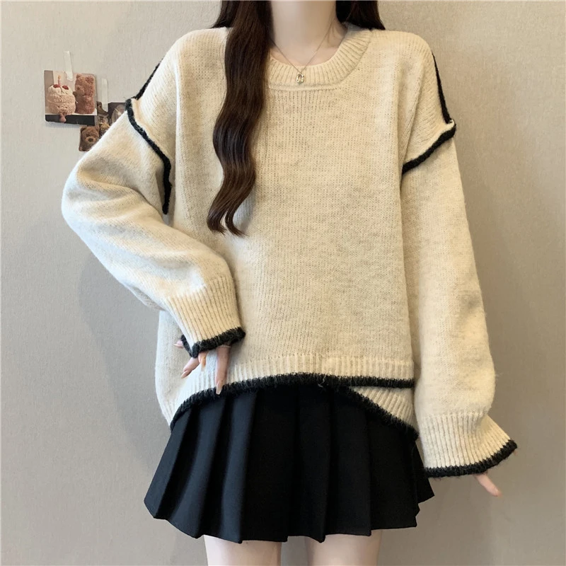 大码实拍2025秋冬新款慵懒风宽松交叉撞色套头毛衣女显廋针织衫