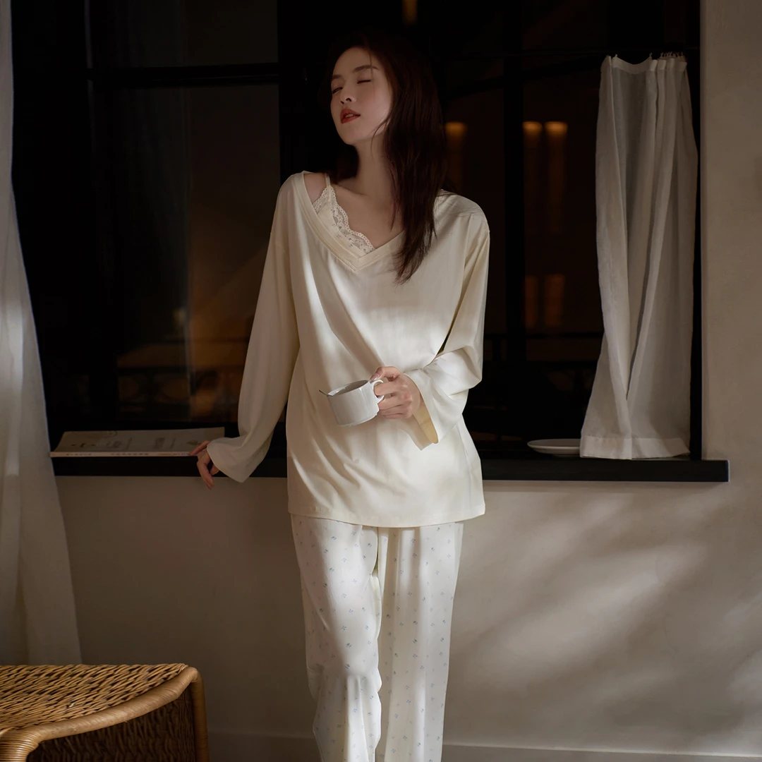 思莉太太女大睡衣春秋款性感风莫代尔棉甜美小个子碎花少女家居服
