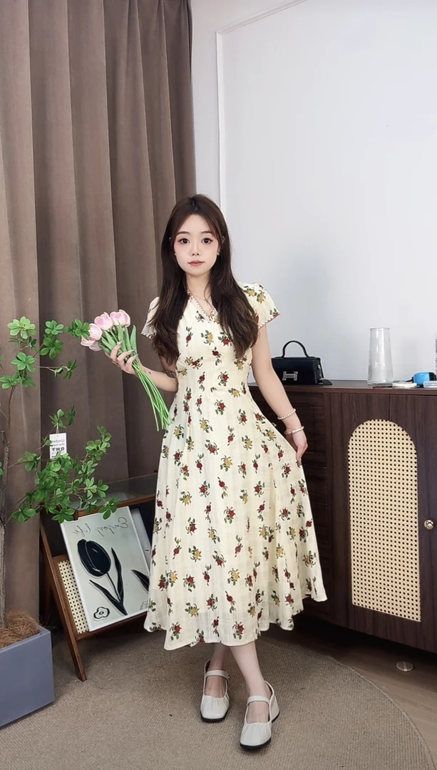 ENYU/小个子法式荷叶边碎花连衣裙女夏季甜美裙子显瘦A字裙