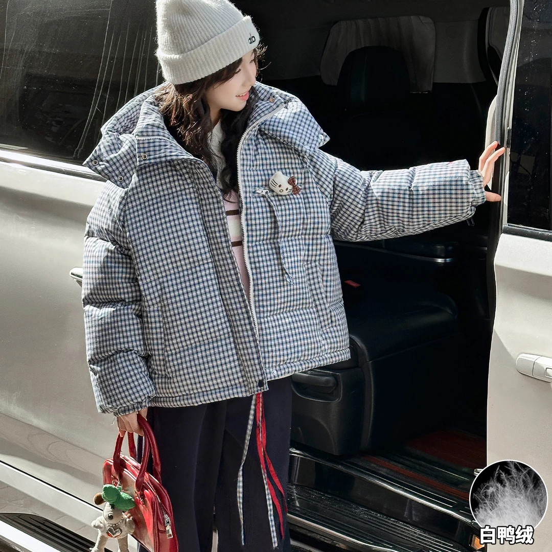女童白鸭绒羽绒服时尚潮流冬季儿童加厚格子外套连帽休闲上衣大童