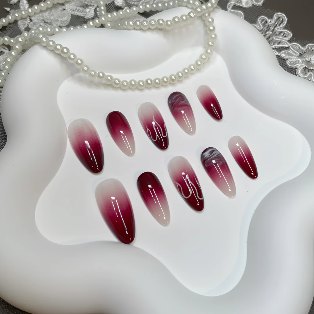 A0973『红染白焰』辣妹个性风双色渐变火焰云雾晕染纯手工穿戴甲