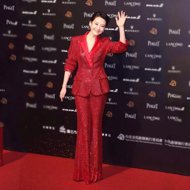 许晴明星同款红色亮片修身显瘦西装套装女西服外套宴会礼服两件套