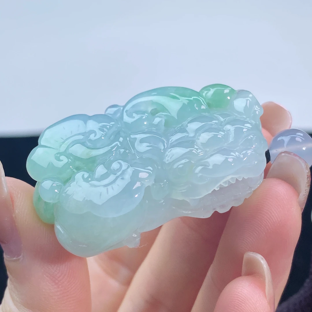 缅甸翡翠貔貅挂件 天然A货翡翠飘花口含珠霸王貔貅吊坠42-25-13mm