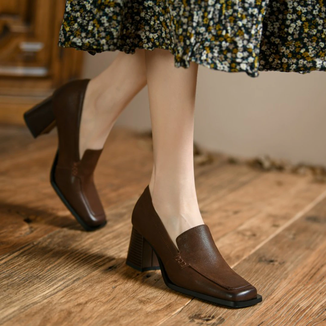 小个子手工女鞋6.5cm~法式复古方头粗跟小皮鞋女气质深口高跟单鞋