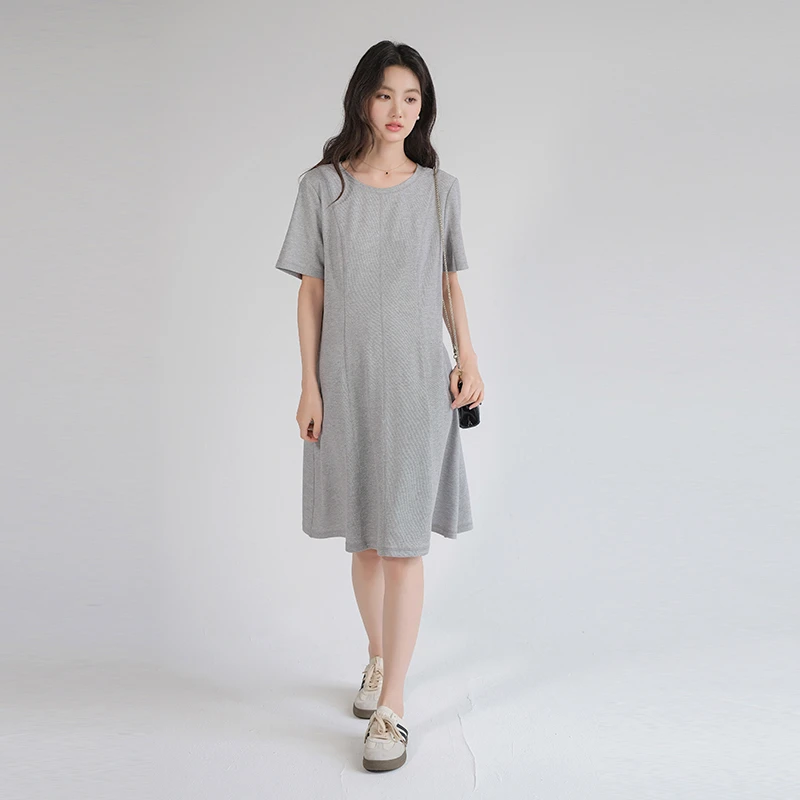 【珠地棉简约休闲T恤连衣裙】蓝若水大码夏装修身收腰A字裙女8228