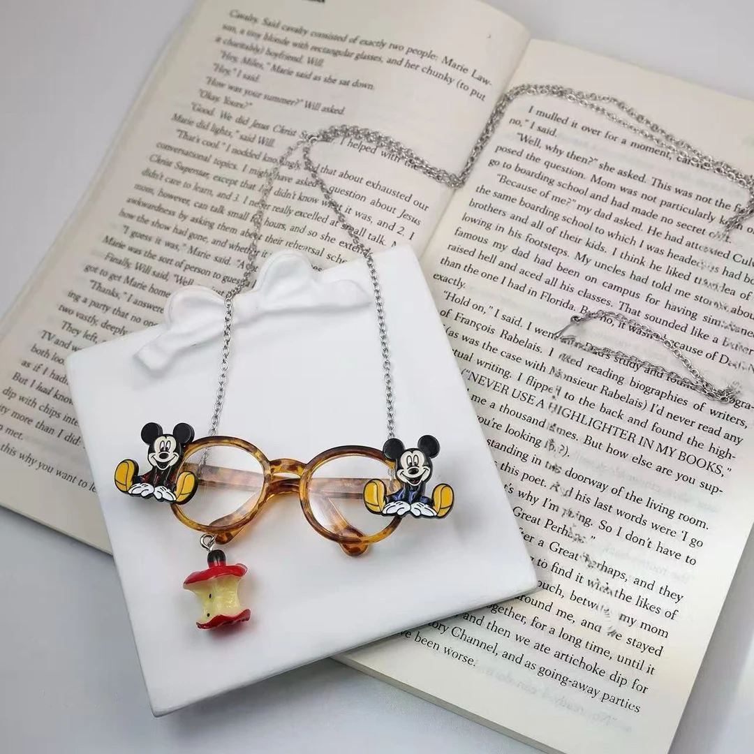 铜合金树脂项链 2334跳跃米奇豹纹眼镜项链毛衣链