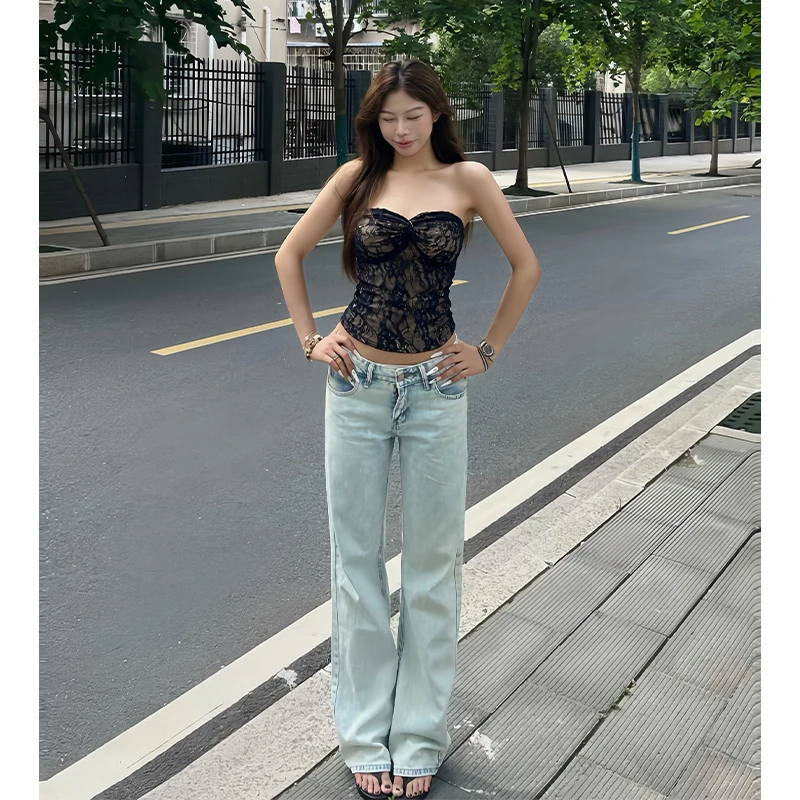 【免费试穿】浅色低腰直筒牛仔裤女夏季新款美式复古阔腿拖地裤子