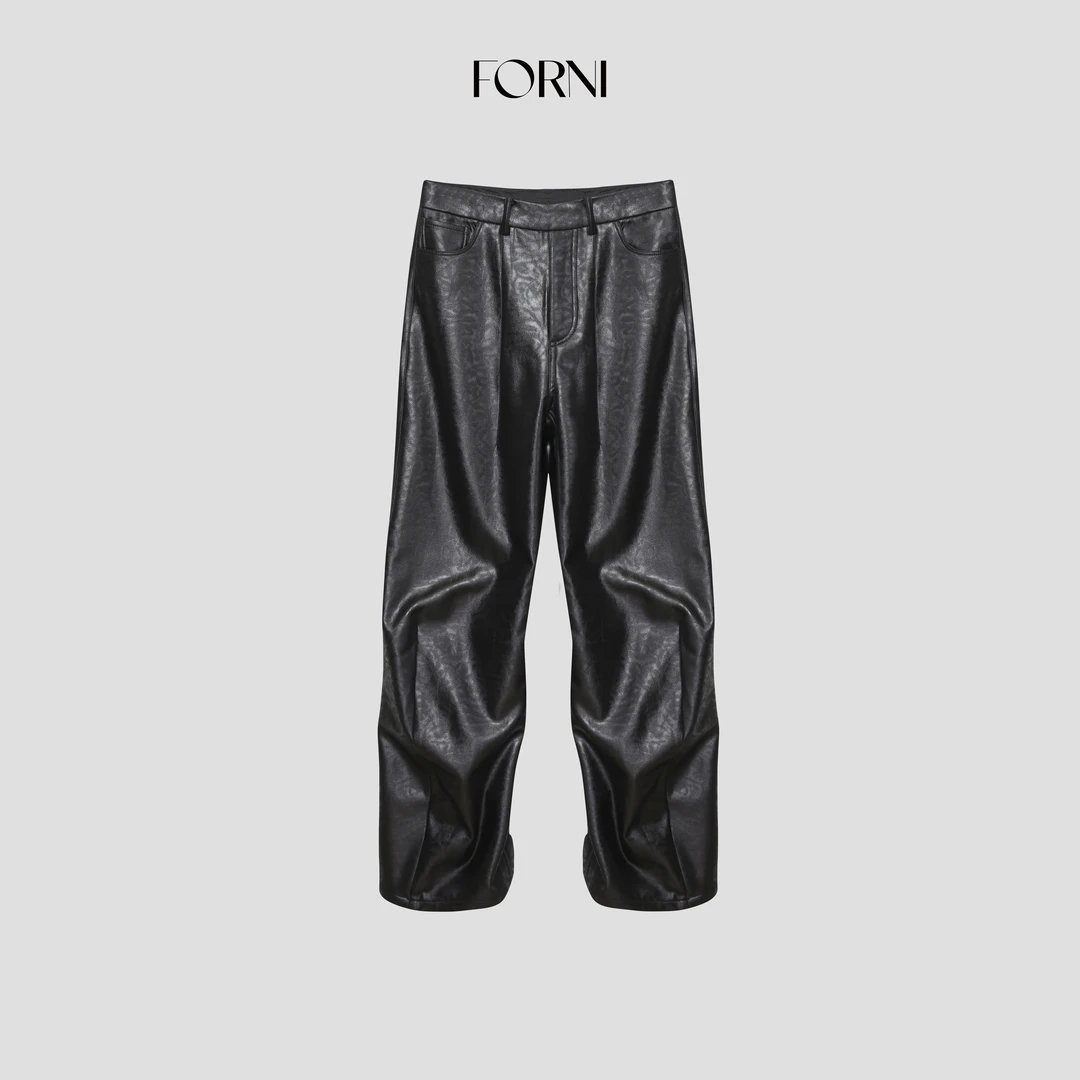 FORNI 陨石冰川意大利进口面料直筒黑色皮裤休闲阔腿裤
