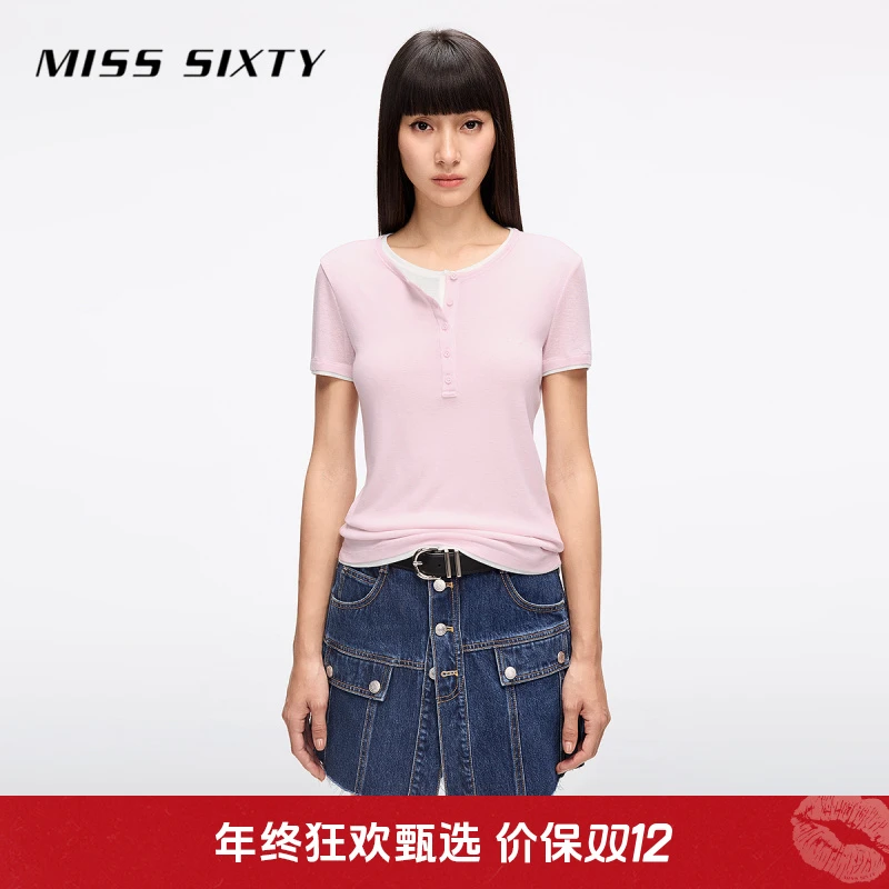 Miss Sixty2025夏季新款短袖T恤天丝羊毛修身假两件亨利衫流光风
