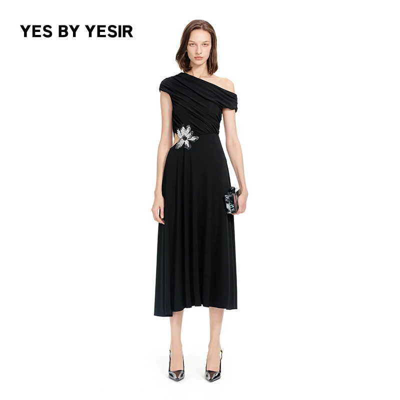YESBYYESIR叶谦设计师品牌闪亮的光休闲修身夏季连衣裙黑色裙子