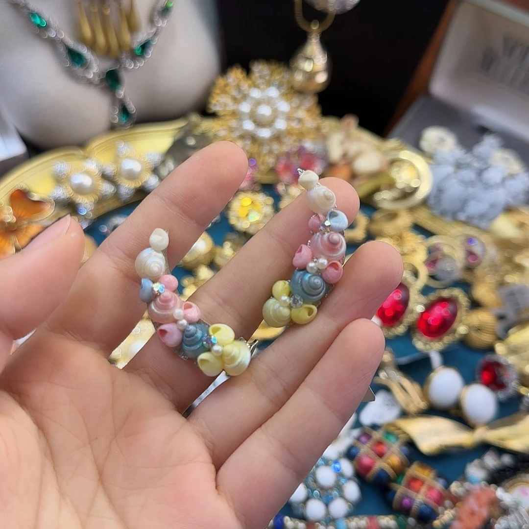 纯铜合金琉璃手工贝壳马卡龙色耳夹