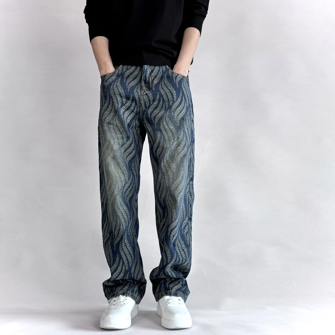 【宽松大直筒】无弹美式潮牌印花提花设计款牛仔裤男高街复古做旧