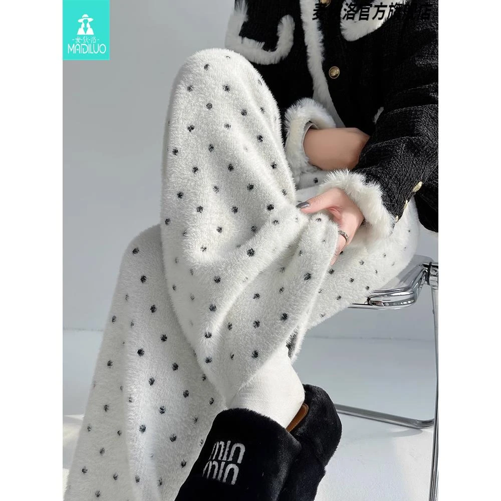 加厚波点水貂绒针织裤女秋冬季新款高腰垂感软糯休闲阔腿拖地裤子