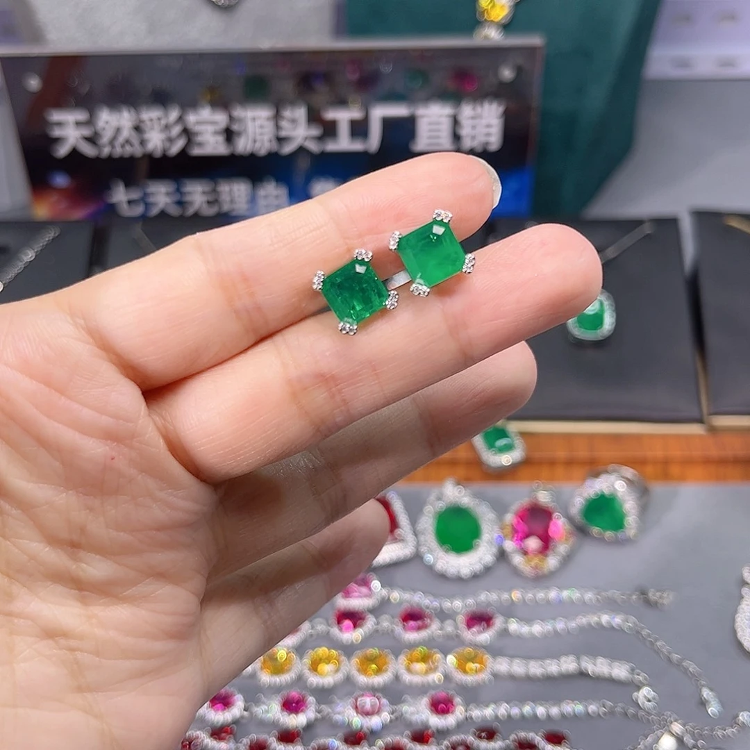 银S925镶嵌颈饰祖母绿前面耳钉