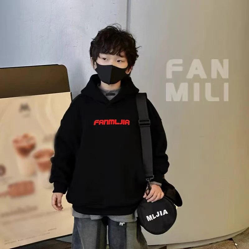 冬季新款儿童中大童连帽卫衣加绒加厚潮牌宽松洋气休闲2553