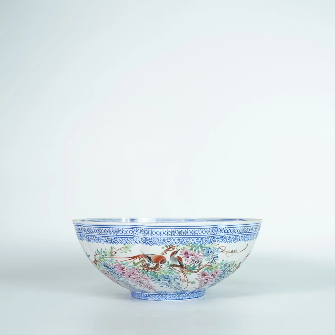 LABC251119003【十竹斋】民国紫藤花鸟瓷粉彩瓜楞蛋壳瓷赏碗