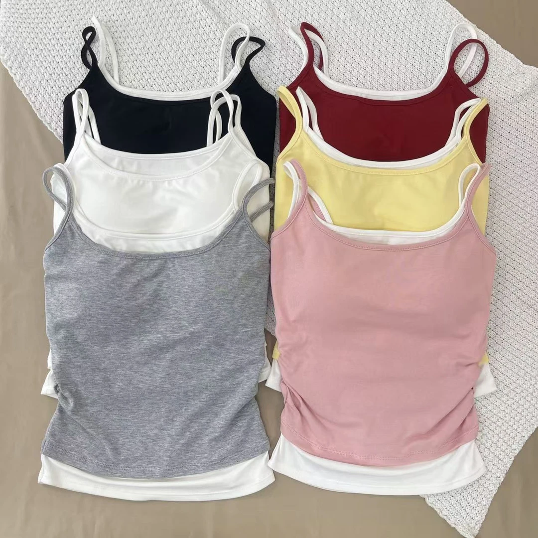 假两件褶皱设计感吊带背心女内搭带胸垫春夏美背文胸内衣一体上衣