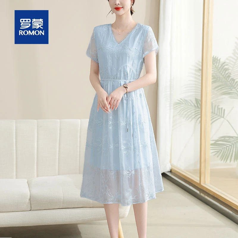 罗蒙小个子年轻妈妈夏装新款洋气连衣裙时尚中老年女装雪纺碎花裙