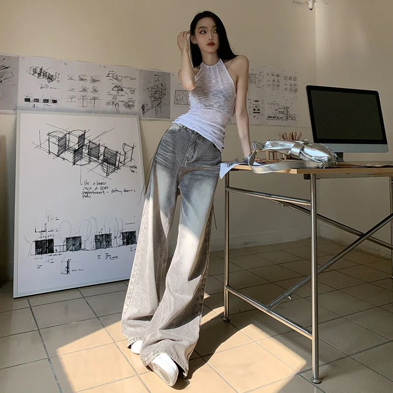 VMZM摩卡灰高腰宽松垂感牛仔裤女2025年春秋新款百搭波纹灰阔腿裤