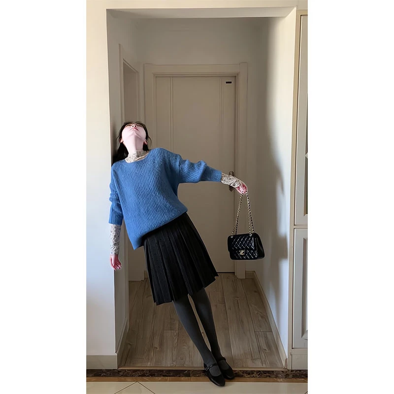 韩系简约针织衫长袖套头女慵懒秋冬毛衣高级感碎花内搭上衣半身裙