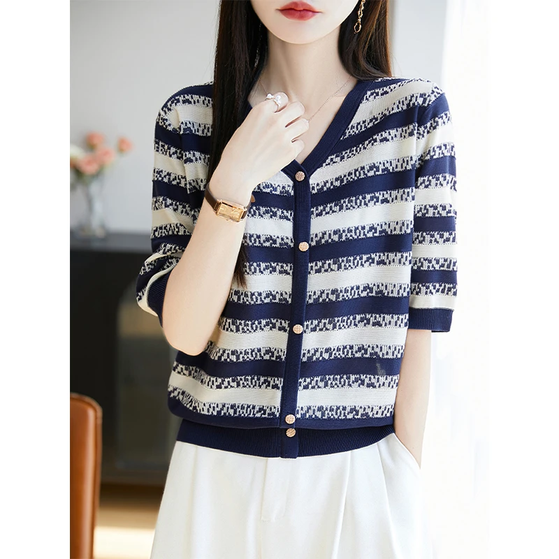 夏季时尚v领撞色条纹气质百搭休闲短袖薄款莱赛尔天丝针织衫上衣