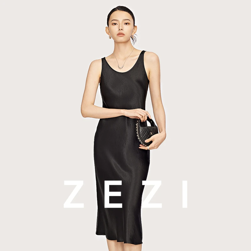 ZEZI【北鱼专属】醋酸缎面光泽连衣裙女黑色显瘦 Z12B260Q