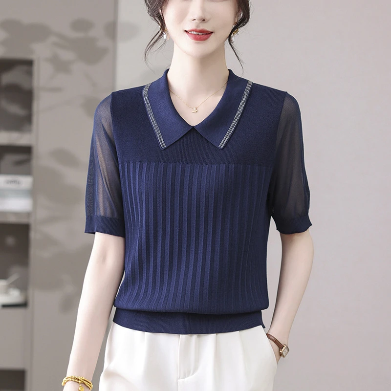 夏装2025新款时尚翻领短袖T恤宽松显瘦冰丝气质女士上衣洋气小衫