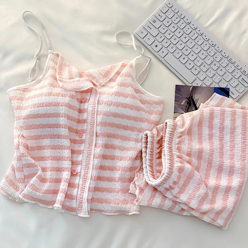 带胸垫一体睡衣女夏季莫代尔夏天薄款吊带背心短裤条纹家居服套装