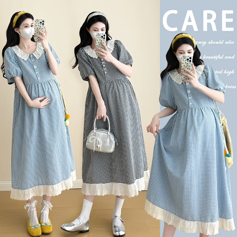 时髦孕妇装连衣裙2025夏季新款韩版甜美宽松中长款短袖娃娃领裙子