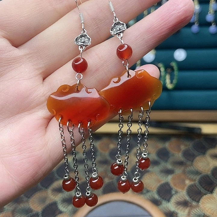 石英质玉耳钉银S925镶嵌